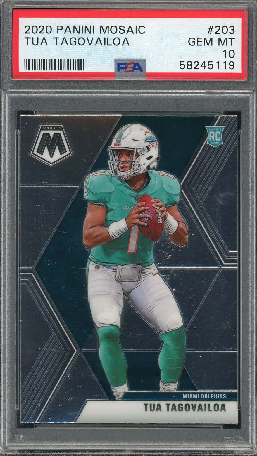 Tua Tagovailoa 2020 Panini Mosaic Football Rookie Card #203 Graded PSA 10 Tua Tagovailoa 2020 Panini Mosaic Football Rookie Card #203 Graded PSA 10