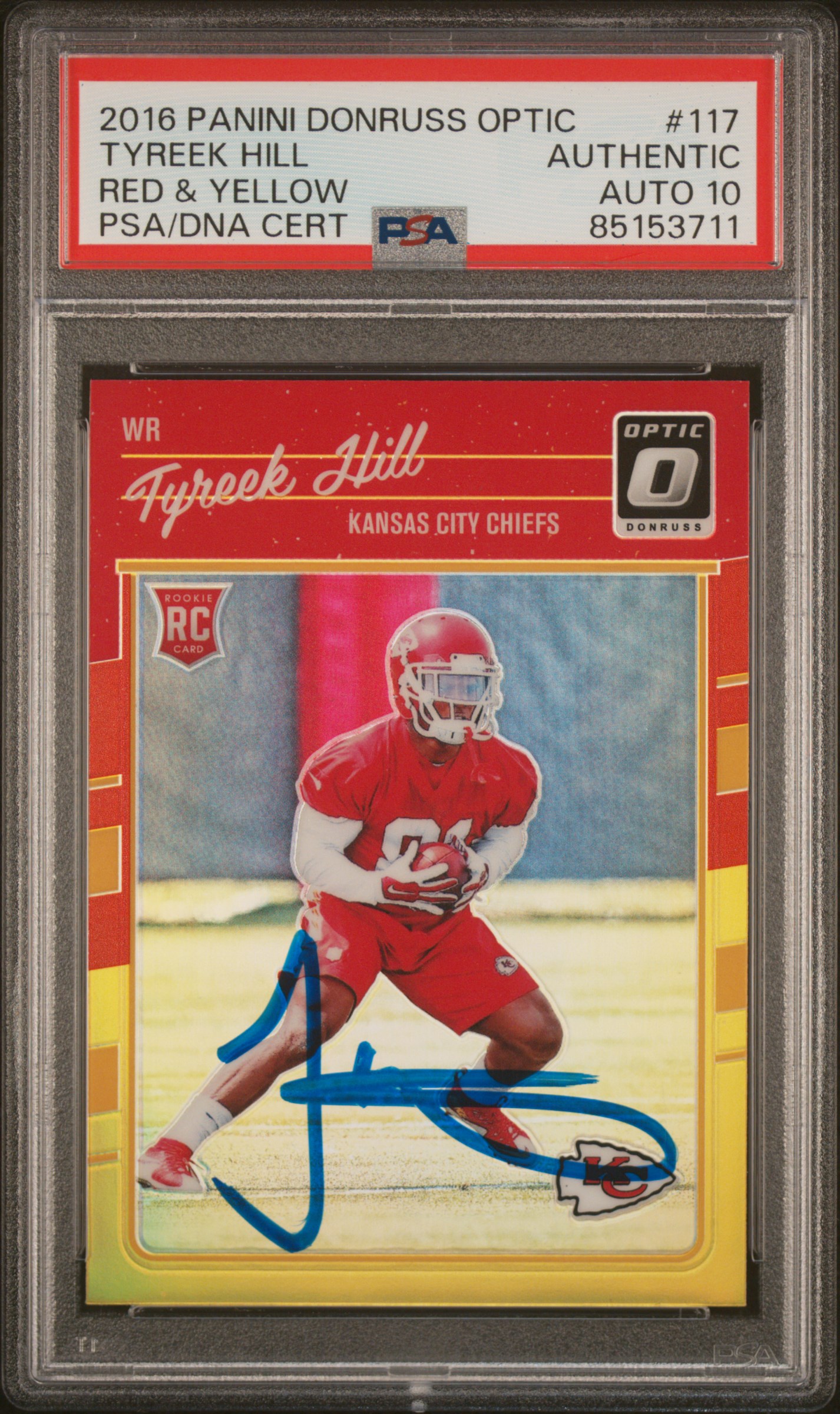 Tyreek Hill 2016 Panini Donruss Optic Red Yellow Rookie Card #117 Auto PSA 10 D