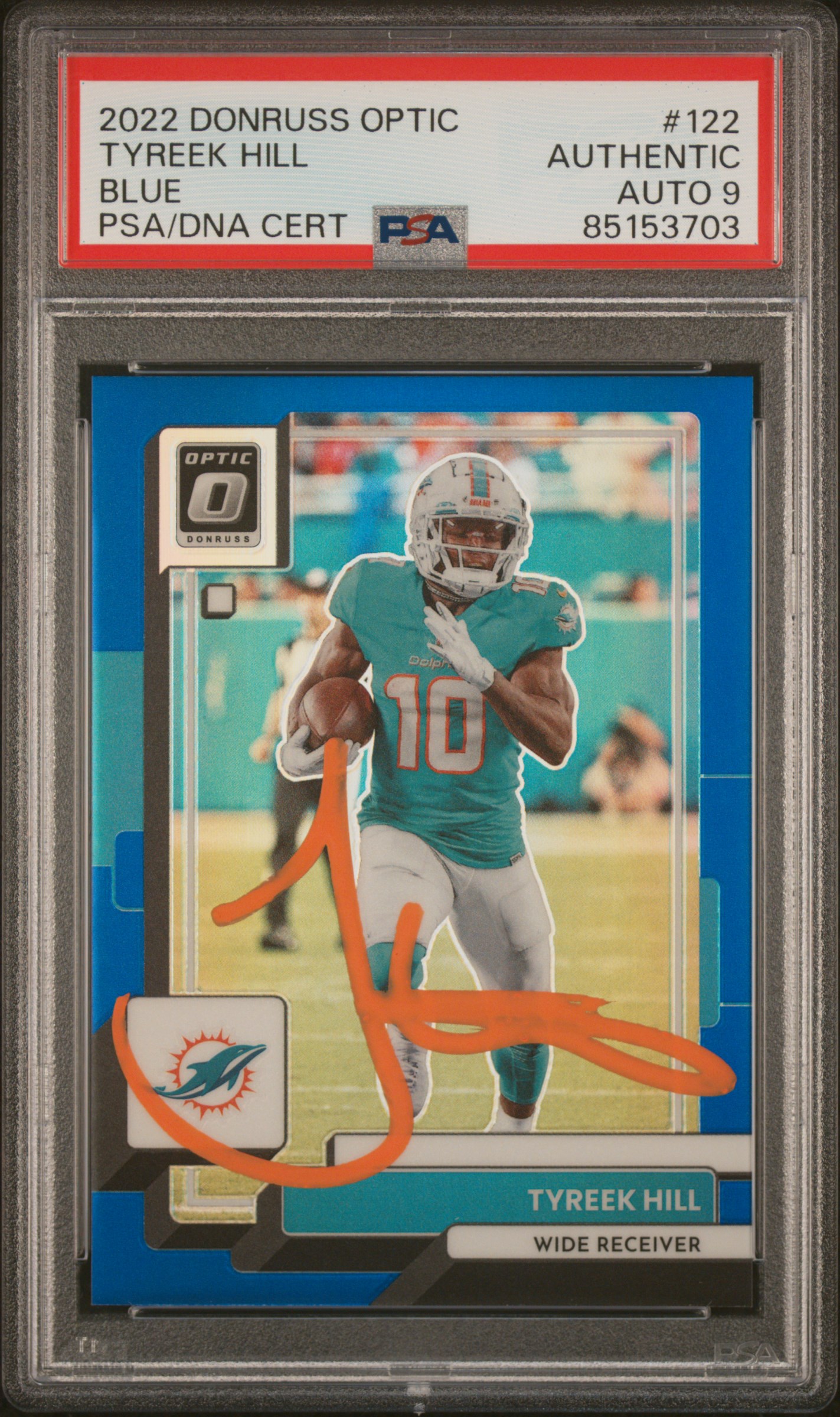 Tyreek Hill 2022 Panini Donruss Optic Blue Card #122 Auto Graded PSA 9 59/179