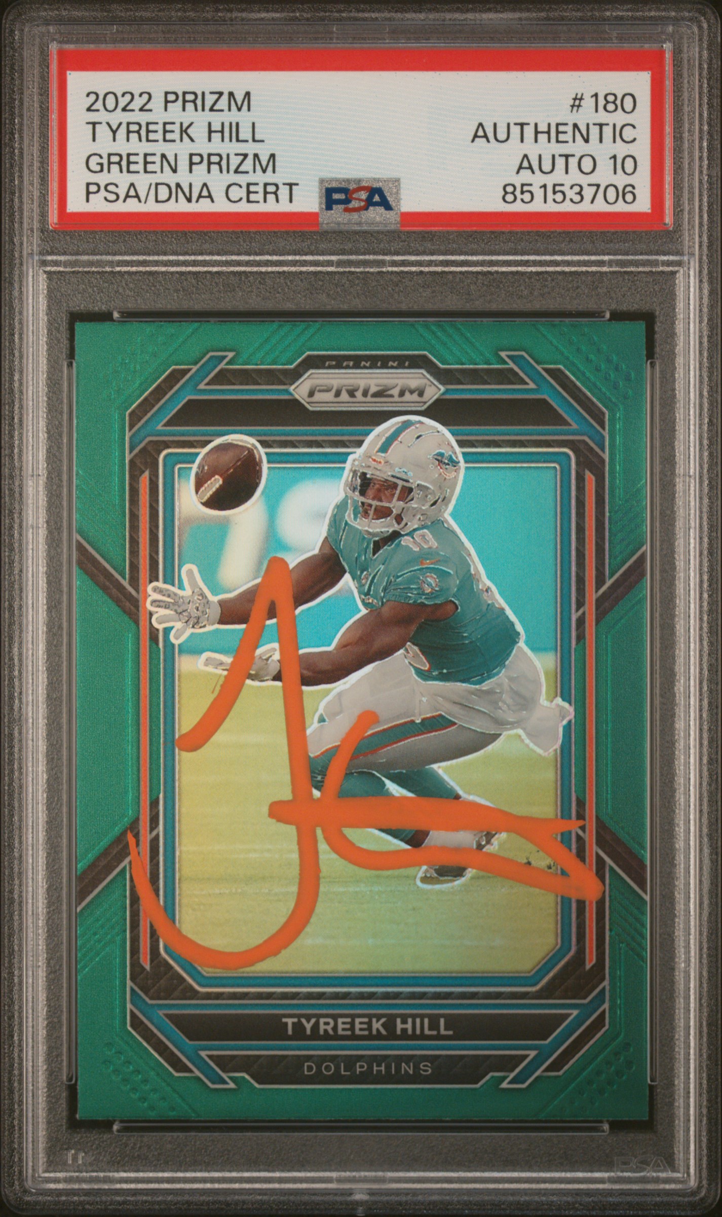 Tyreek Hill 2022 Panini Prizm Green Signed Football Card #180 Auto Graded PSA 10