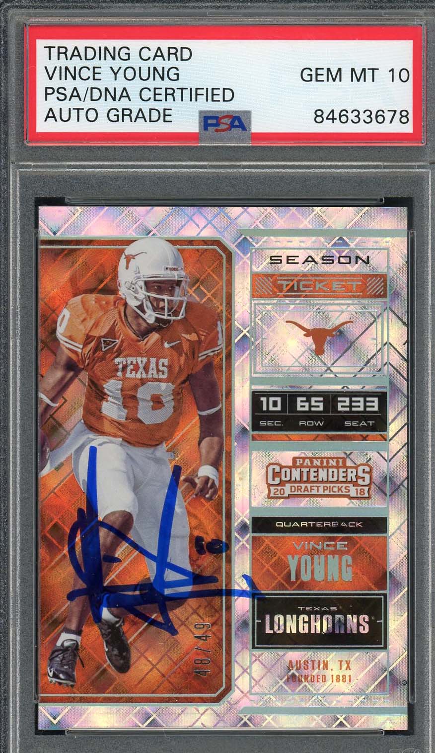 Vince Young Autographed 2018 Panini Contenders Signed Card #99 PSA Auto 10 48/49