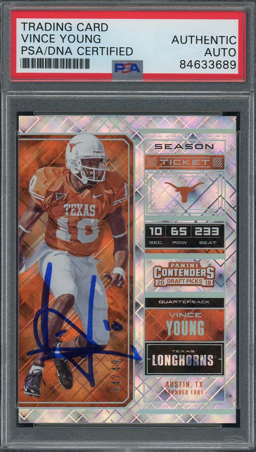 Vince Young Autographed 2018 Panini Contenders Signed Card #99 PSA Auto 34/49