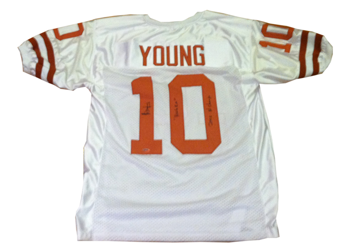 Vince Young Signed Texas 2005 Champs and Hook EM Texas Jersey