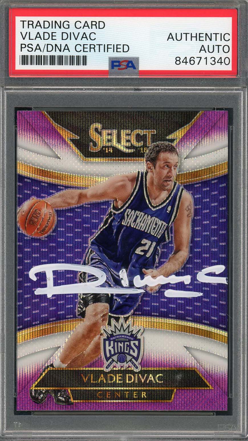 Vlade Divac Autographed 2014 Panini Select Purple White Prizm Card 255 Auto PSA
