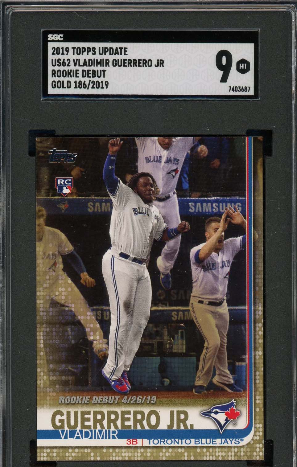 Vladimir Guerrero Jr 2019 Topps Gold Update Rookie Debut Card #US62 SGC 9 /2019