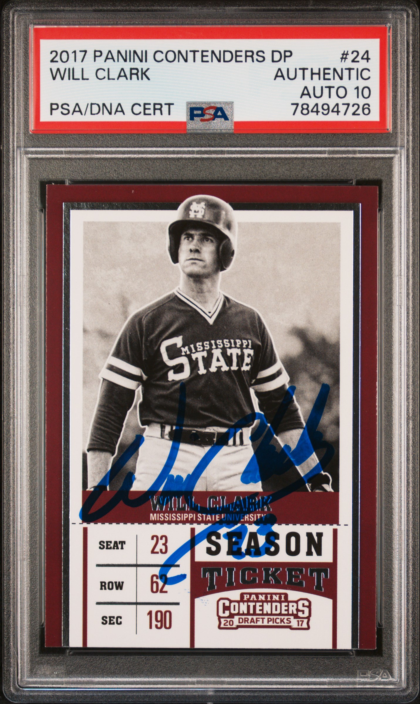 Will Clark 2017 Panini Contenders Signed Card #24 Auto Graded PSA 10 78494726