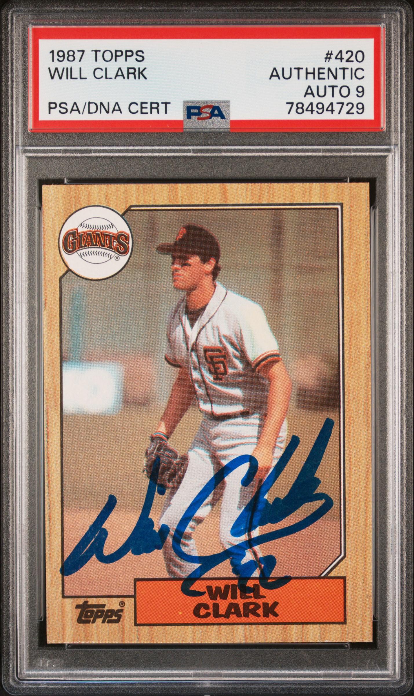 Will Clark 1987 Topps Signed Baseball Rookie Card #420 Auto Graded PSA 9