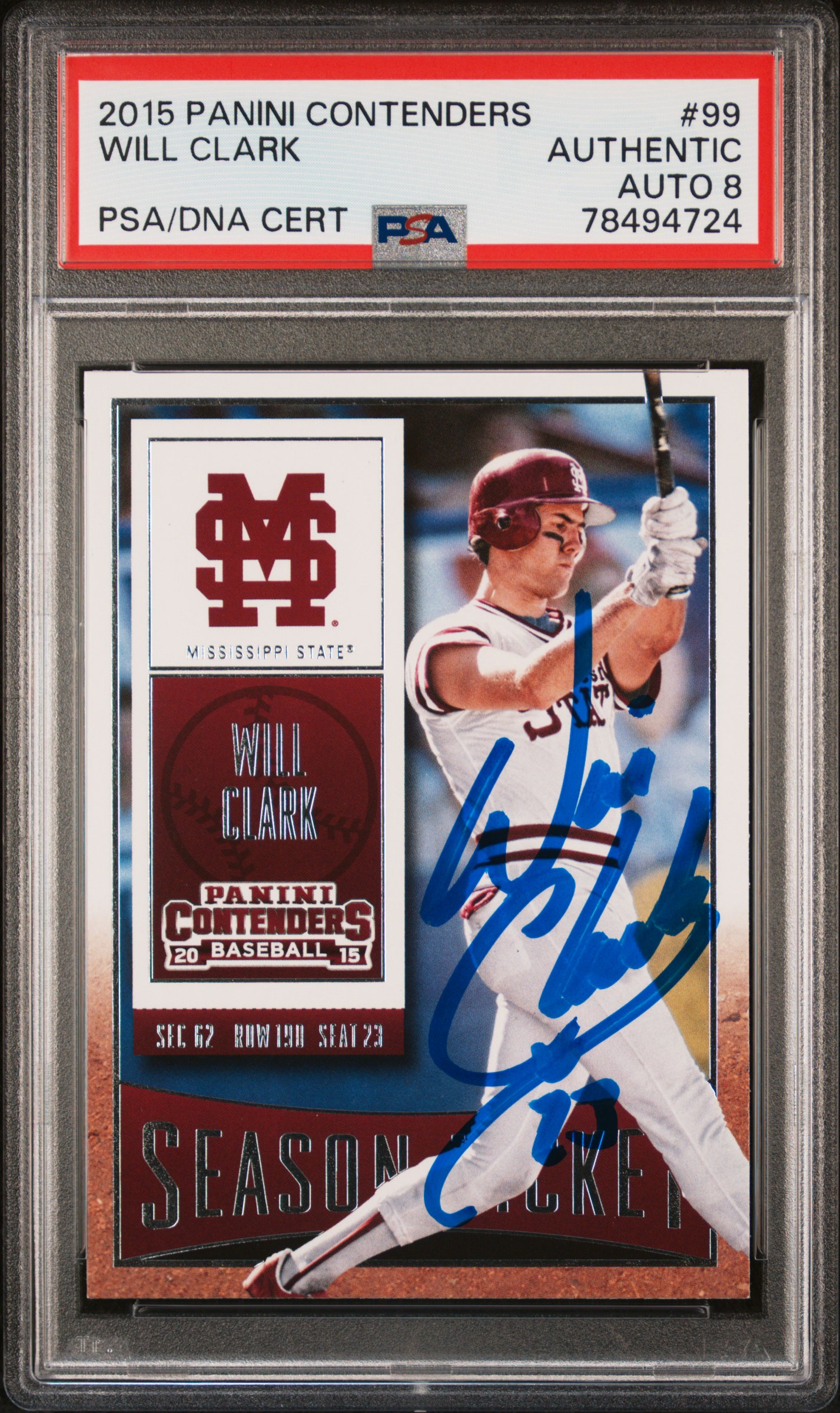 Will Clark 2015 Panini Contenders Signed Baseball Card #99 Auto Graded PSA 8