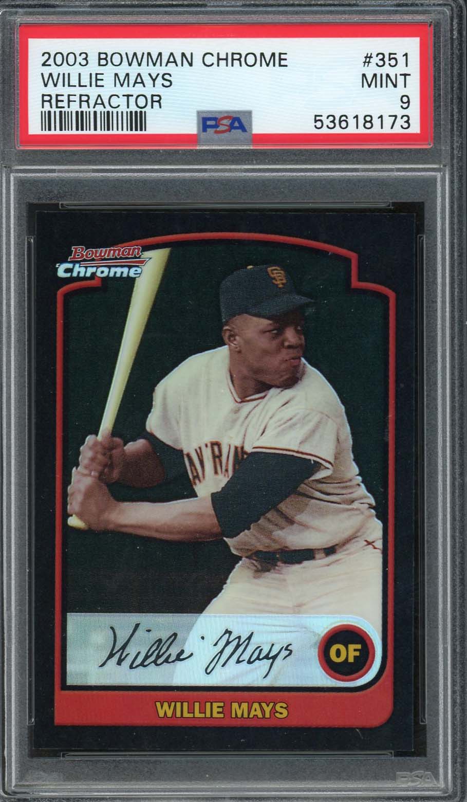 Willie Mays 2003 Bowman Chrome Refractor Baseball Card #351 Graded PSA 9 Willie Mays 2003 Bowman Chrome Refractor Baseball Card #351 Graded PSA 9