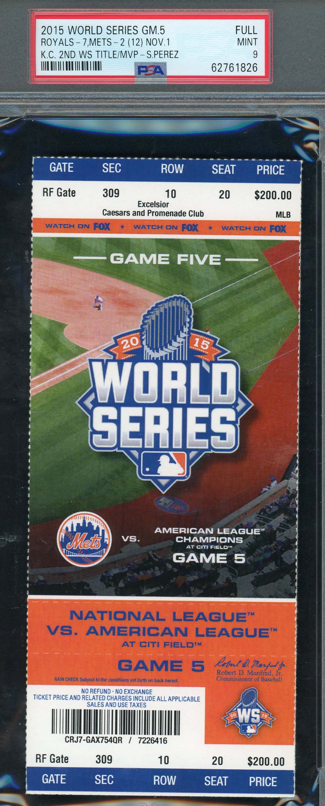 2015 World Series Game 5 Kansas City Baseball Graded Full Ticket PSA 9