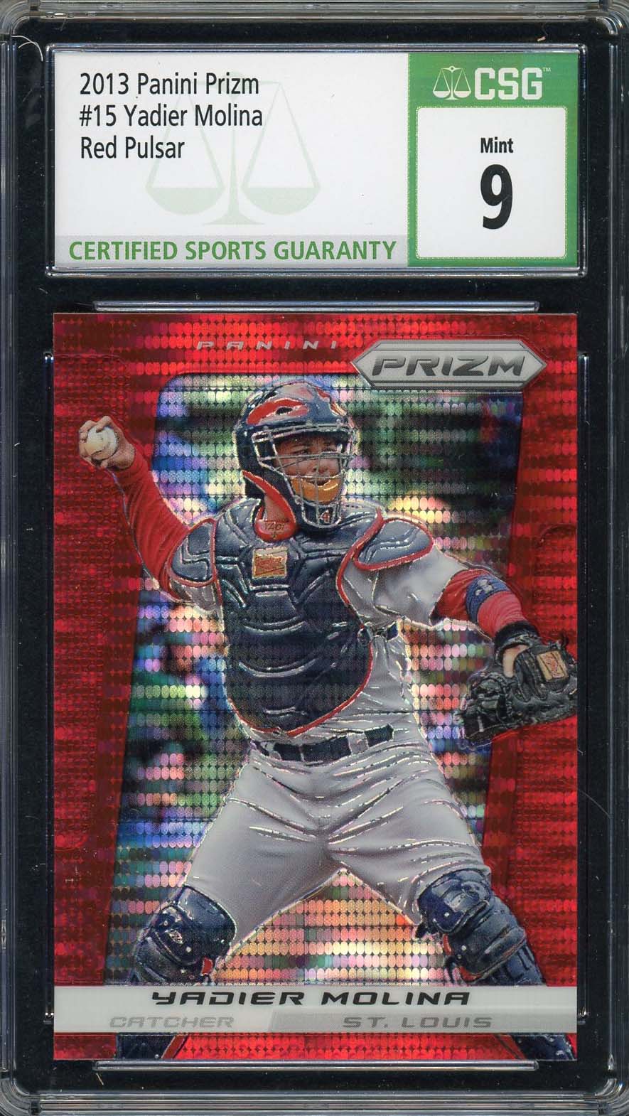 Yadier Molina 2013 Panini Prizm Red Pulsar Baseball Card #15 Graded CSG 9 Yadier Molina 2013 Panini Prizm Red Pulsar Baseball Card #15 Graded CSG 9