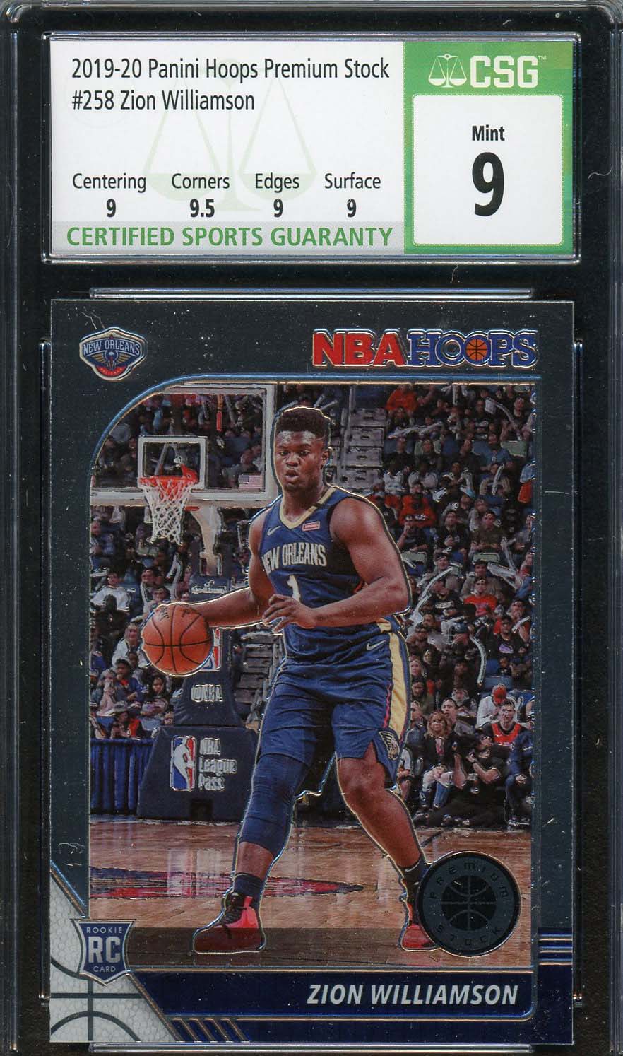 Zion Williamson 2019-20 Panini Hoops Premium Stock Rookie Card #258 CSG 9 Zion Williamson 2019-20 Panini Hoops Premium Stock Rookie Card #258 CSG 9