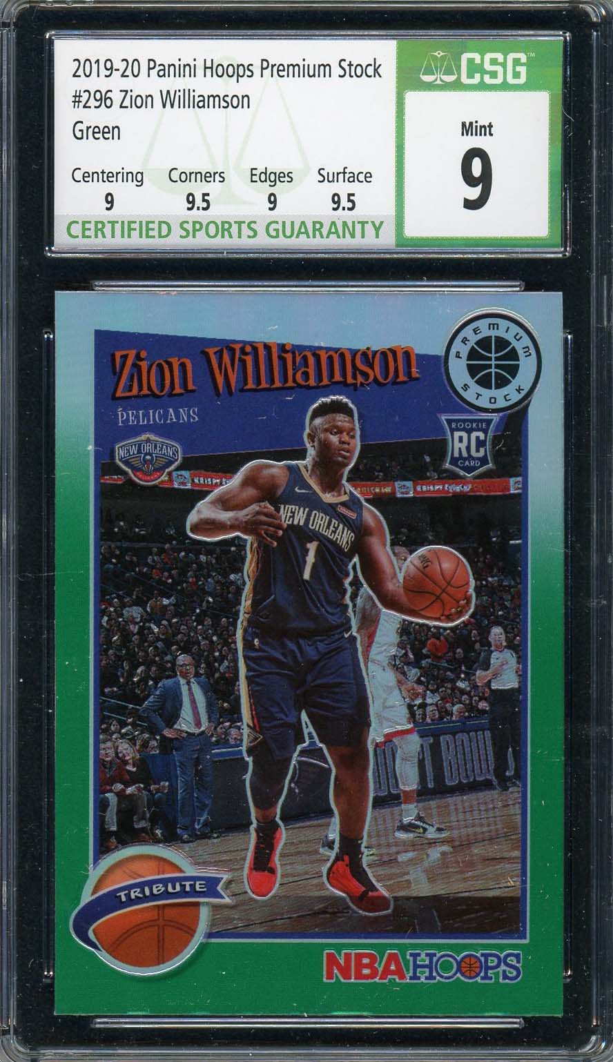 Zion Williamson 2019-20 Panini Hoops Premium Stock Green Rookie Card #296 CSG 9.5 Zion Williamson 2019-20 Panini Hoops Premium Stock Green Rookie Card #296 CSG 9.5