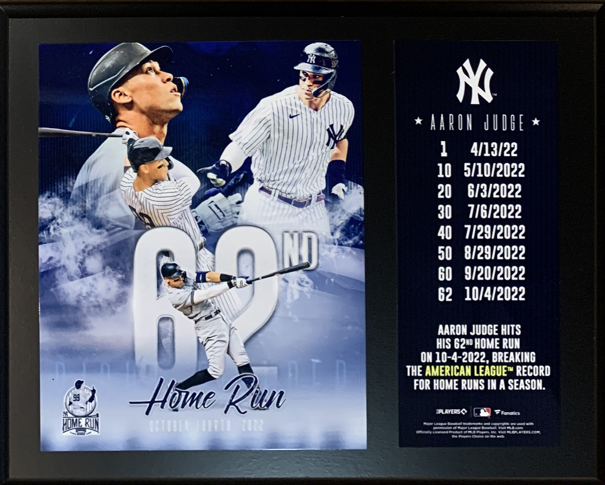 Aaron Judge New York Yankees 62 Home Run 12x15 Sublimated Plaque