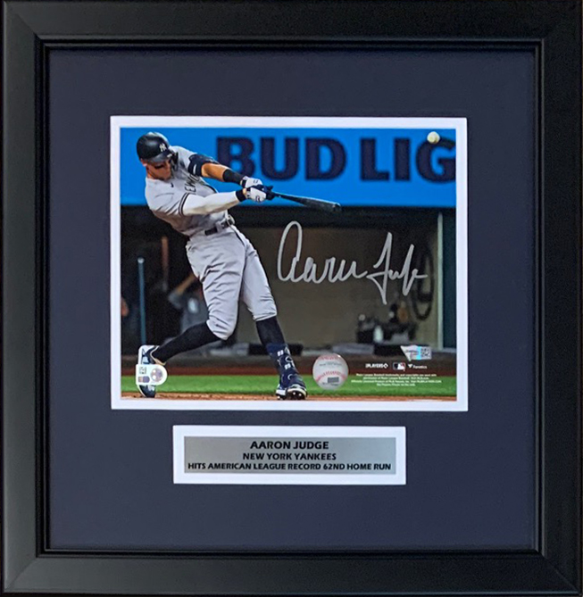 Aaron Judge Autographed New York Yankees 62 Home Run Signed Baseball 8x10 Framed Photo Fanatics Authentic COA Aaron Judge Autographed New York Yankees 62 Home Run Signed Baseball 8x10 Framed Photo Fanatics Authentic COA