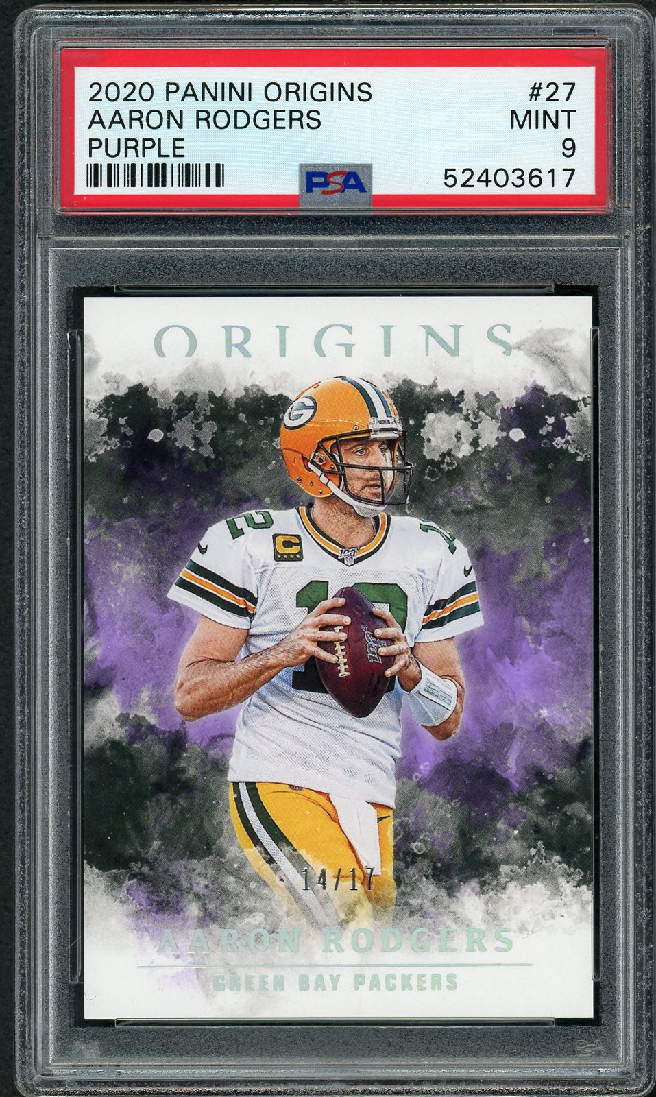 Aaron Rodgers 2020 Panini Origins Purple Football Card #27 Graded PSA 9 MINT 14/17