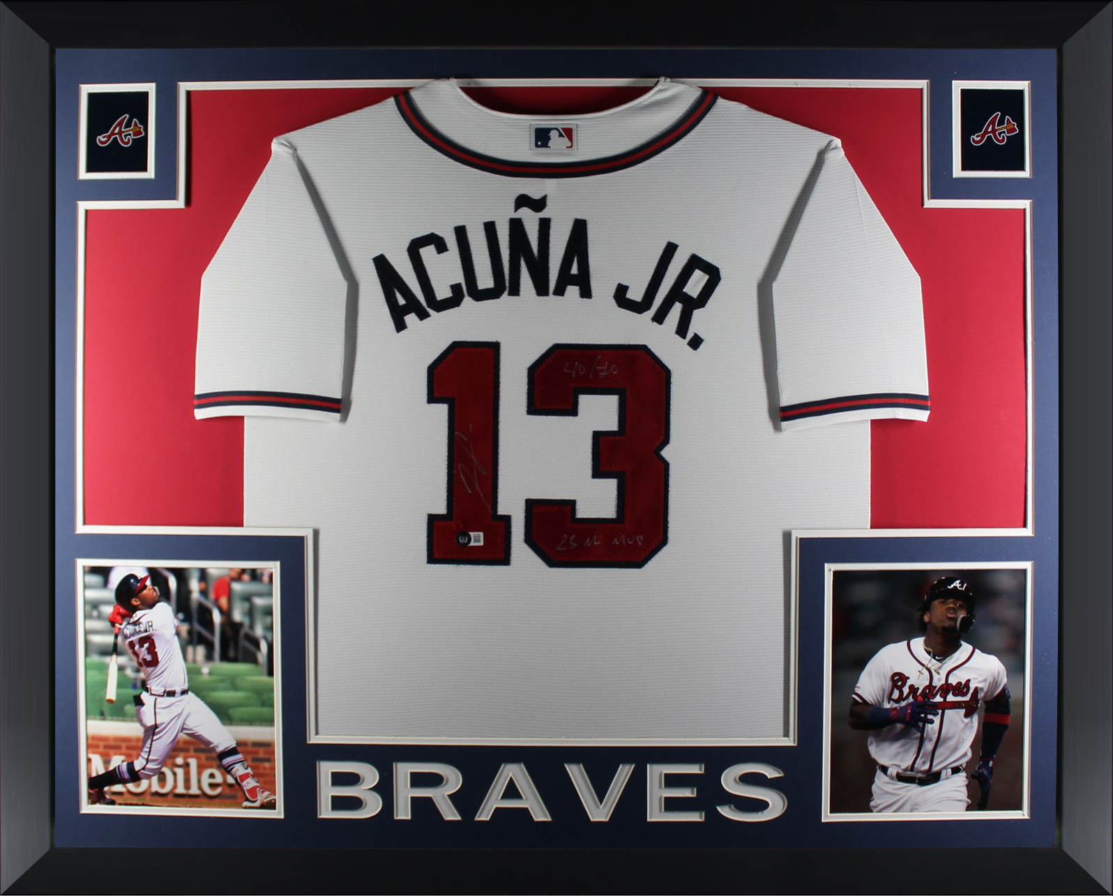 Ronald Acuna Jr Autographed Atlanta Braves Signed Nike Baseball Framed Jersey 2023 NL MVP 40/70 Beckett COA