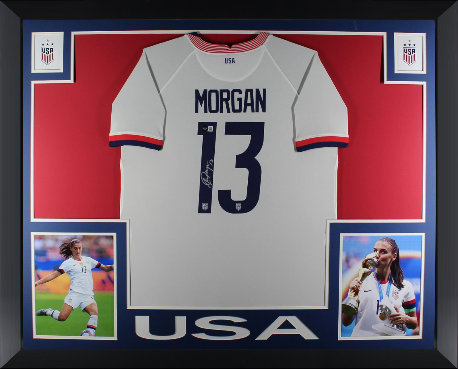 Alex Morgan Autographed 2019 USA Womens World Cup Signed Nike Soccer Framed Jersey Beckett COA