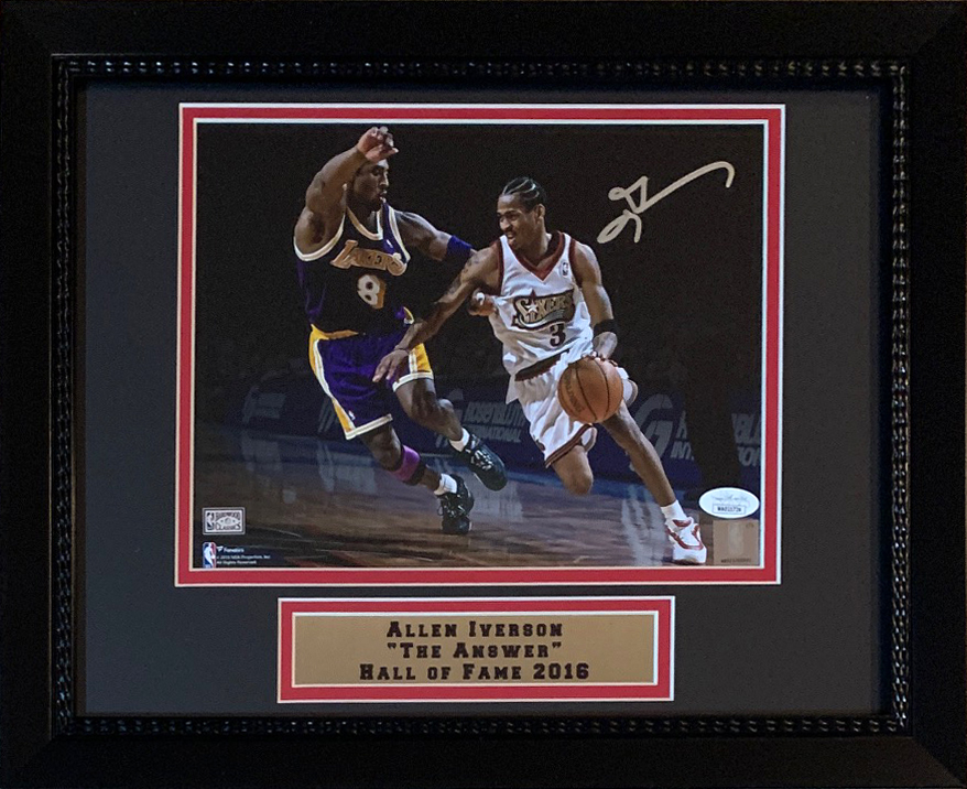 Allen Iverson Autographed Philadelphia 76ers Signed Basketball 16x20 Framed Photo vs. Kobe Bryant JSA COA