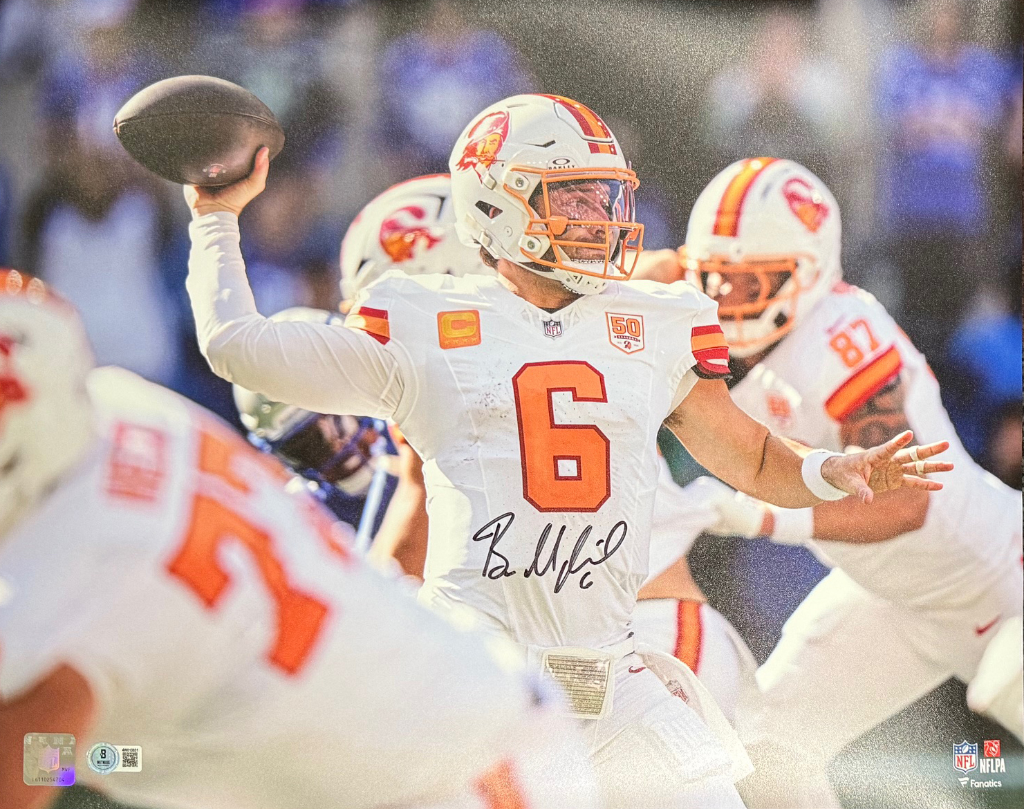 Baker Mayfield Autographed Tampa Bay Buccaneers Signed Football 16x20 Photo Beckett COA