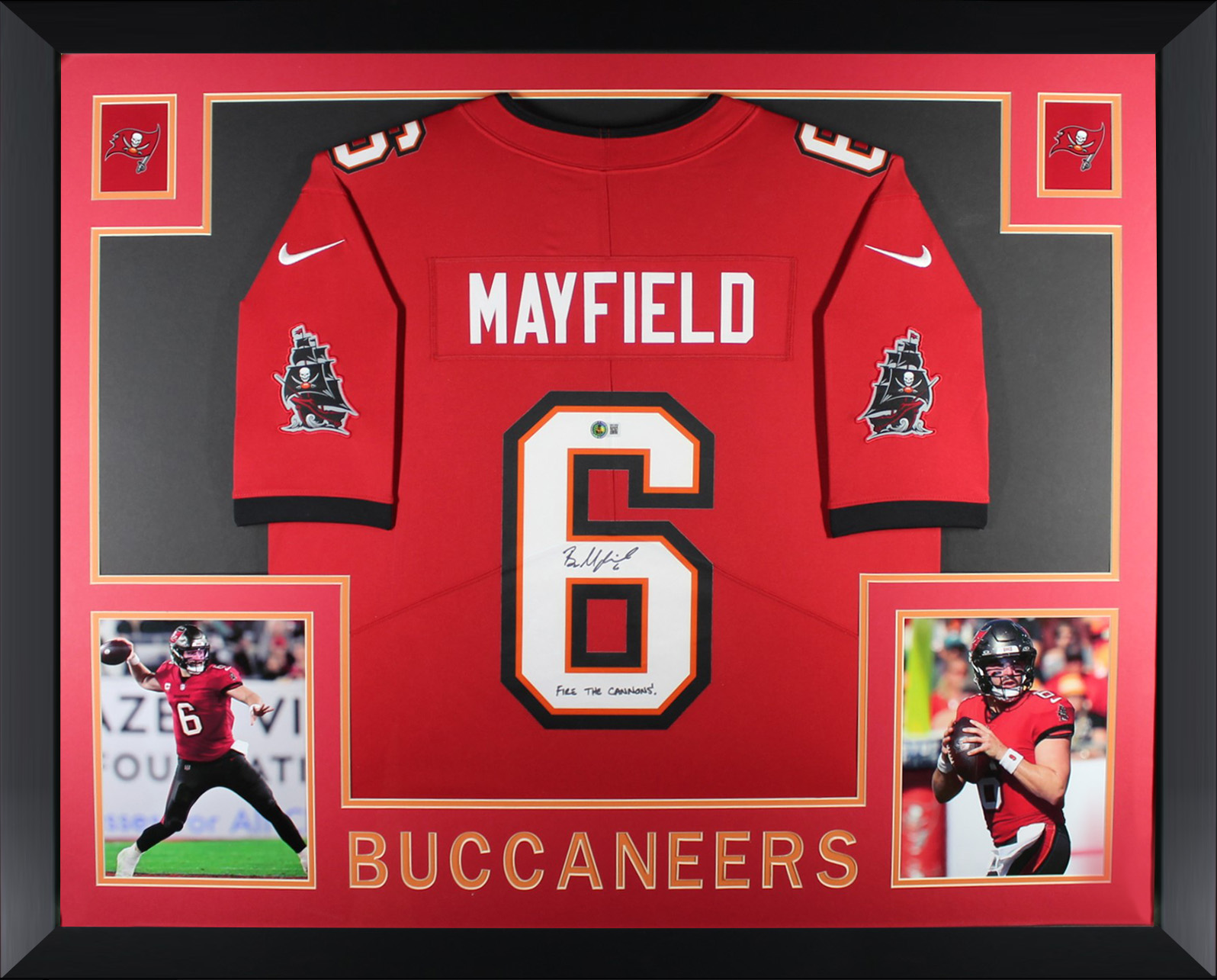 Baker Mayfield Autographed Tampa Bay Buccaneers Signed Nike Limited Football Framed Jersey FIRE THE CANNONS Beckett Authenticated COA