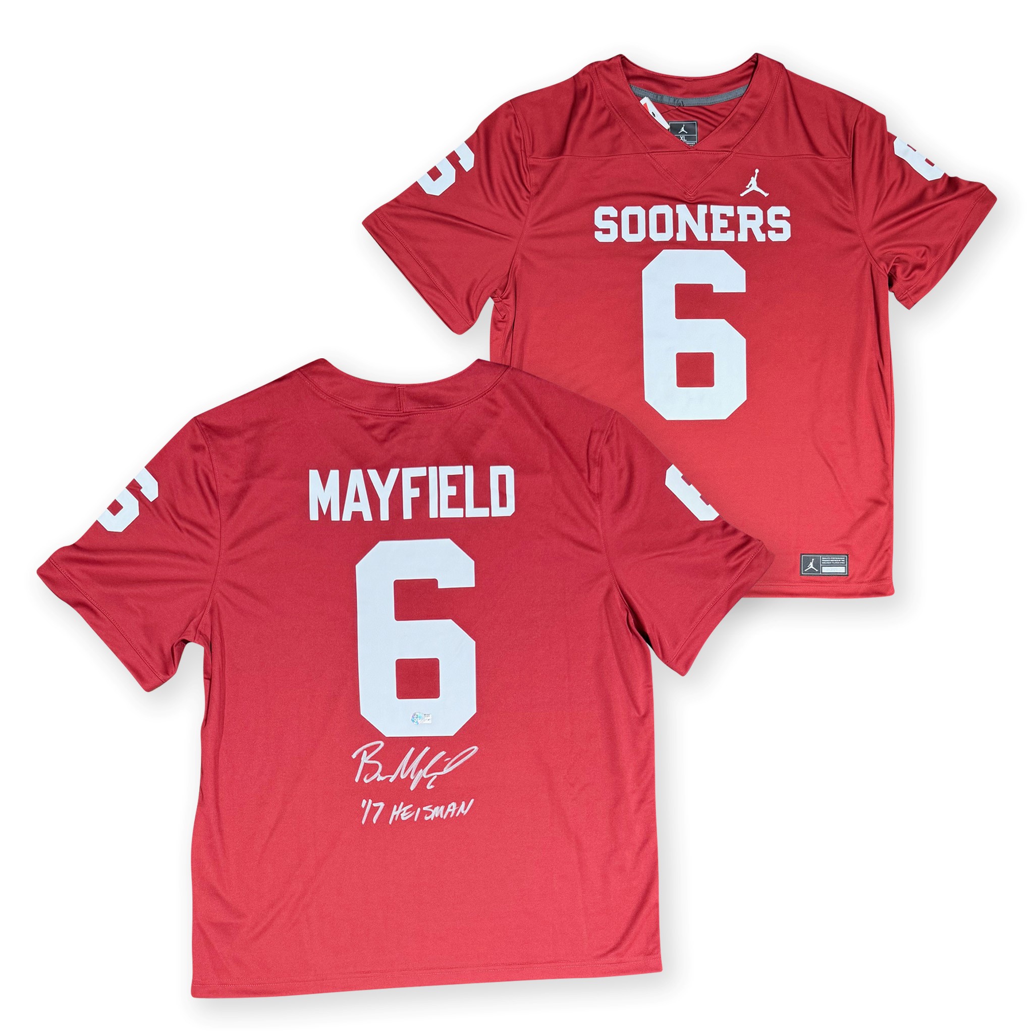 Baker Mayfield Autographed Oklahoma Sooners Signed Jordan Brand Football Jersey 17 HEISMAN Beckett COA