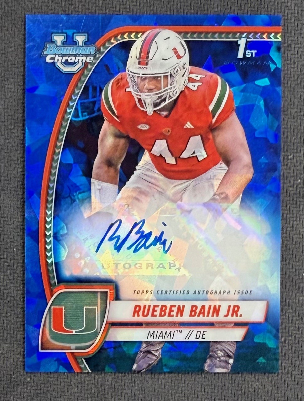Rueben Bain Jr. 2024 Bowman Chrome U Sapphire 1st Prospect Signed Football Rookie Card PA-RBA Auto