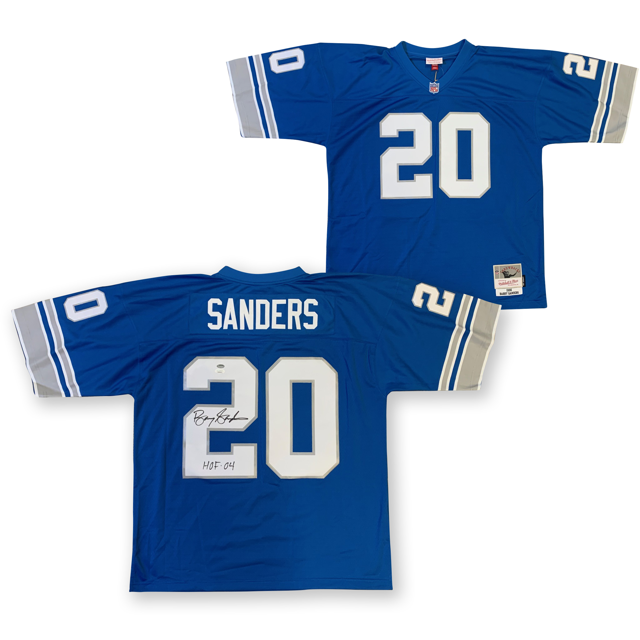 Barry Sanders Autographed Detroit Lions Signed Mitchell & Ness Football Jersey Hall of Fame HOF 2004 JSA COA Barry Sanders Autographed Detroit Lions Signed Mitchell & Ness Football Jersey Hall of Fame HOF 2004 JSA COA