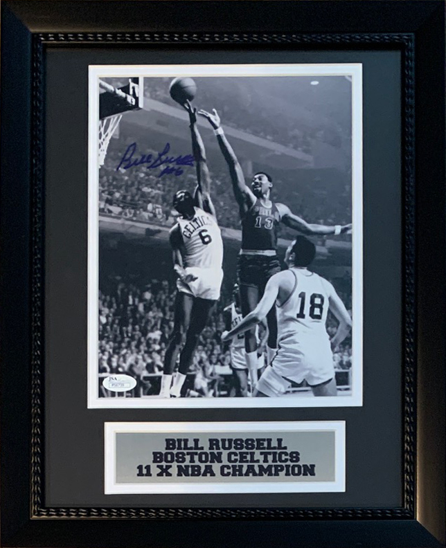Bill Russell Autographed Boston Signed Basketball 8x10 Framed Photo vs Wilt Chamberlain JSA COA
