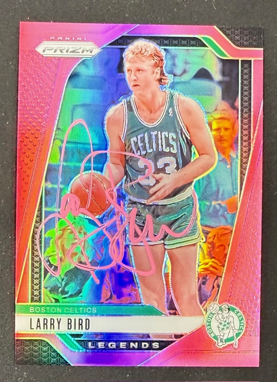 Larry Bird 2024-25 Panini Prizm Pink Signed Basketball Card #299 Auto 80/249 Beckett Witnessed Cert #4W070049
