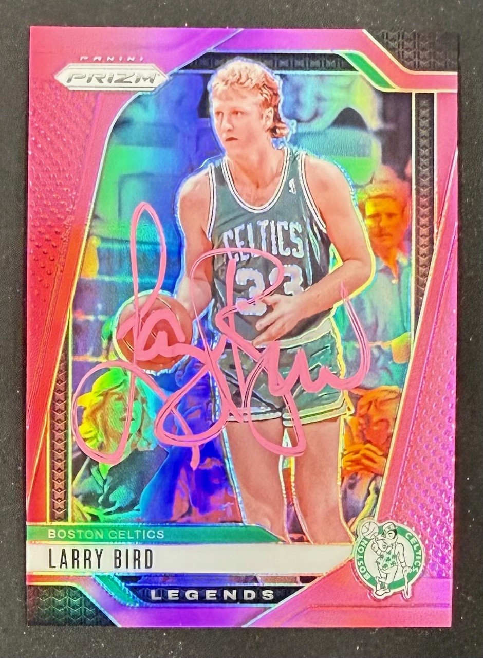 Larry Bird 2024-25 Panini Prizm Pink Signed Basketball Card #299 Auto 16/249 Beckett Witnessed Cert #4W070046