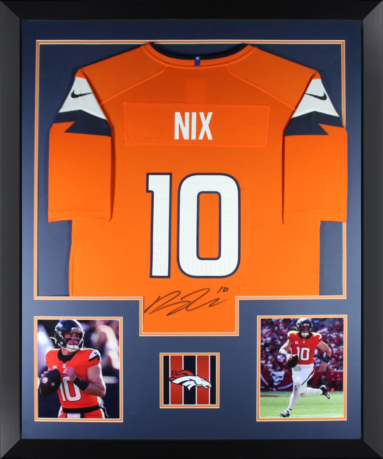 Bo Nix Autographed Denver Broncos Signed Nike Game Orange Football Framed Jersey Beckett COA