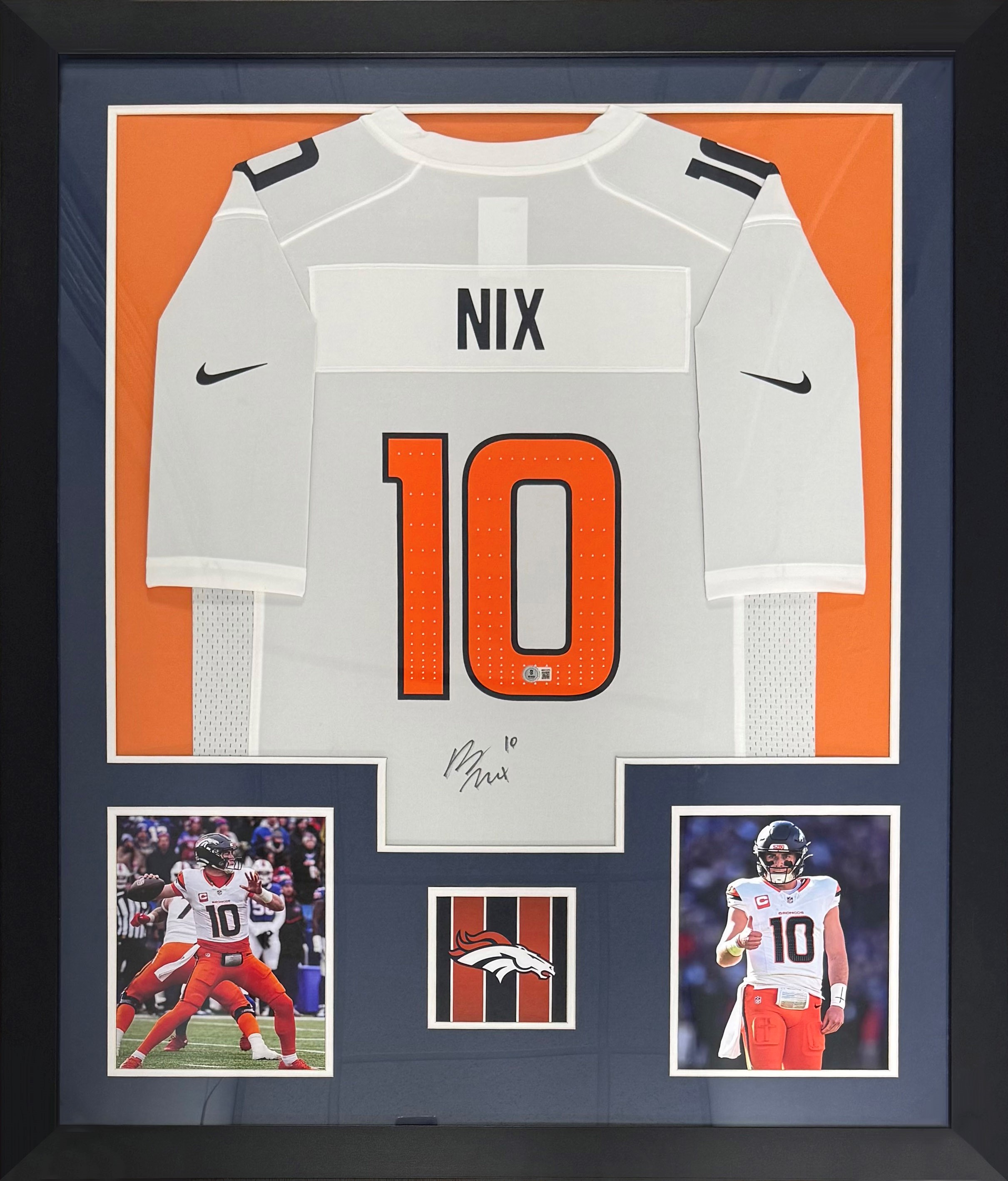Bo Nix Autographed Denver Broncos Signed Nike Game White Football Framed Jersey Beckett Witness Authenticated COA