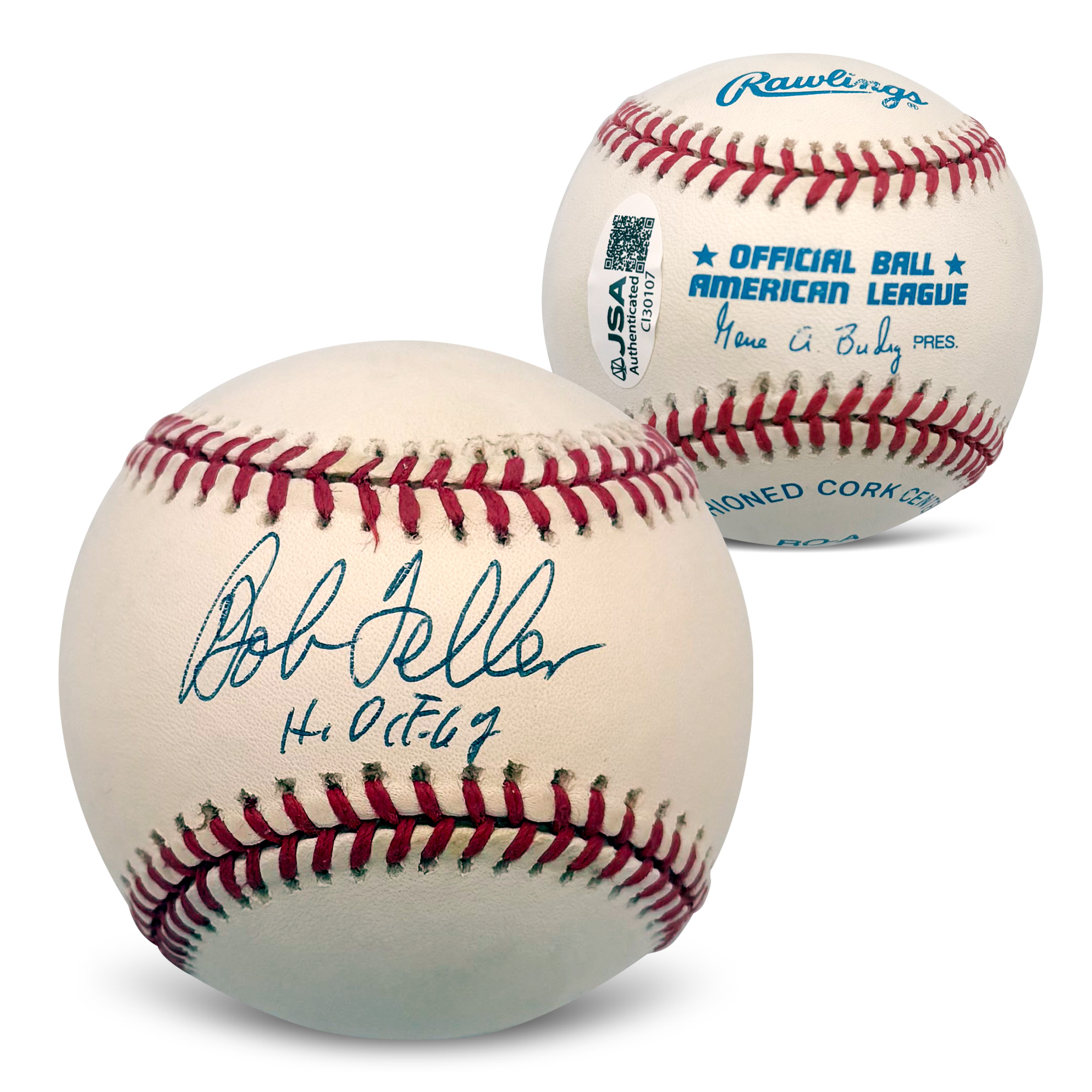 Bob Feller Autographed Cleveland Guardians Hall of Fame HOF 62 Signed American Baseball With UV Display Case JSA COA CI30107