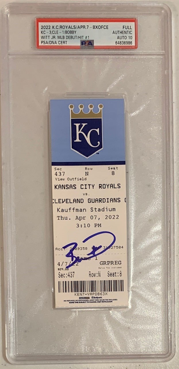 Bobby Witt Jr Autographed Kansas City Royals MLB Debut 1st Hit Signed Baseball Ticket Graded PSA Auto 10