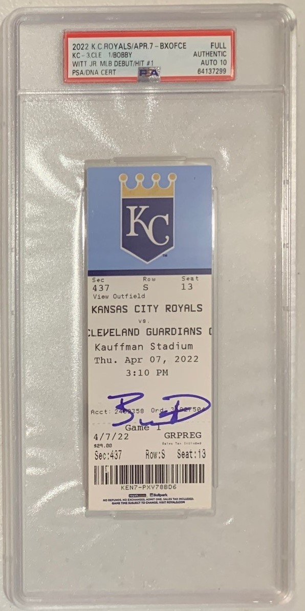 Bobby Witt Jr Autographed Kansas City MLB Debut 1st Hit Signed Baseball Ticket Graded PSA Auto 10 64137299