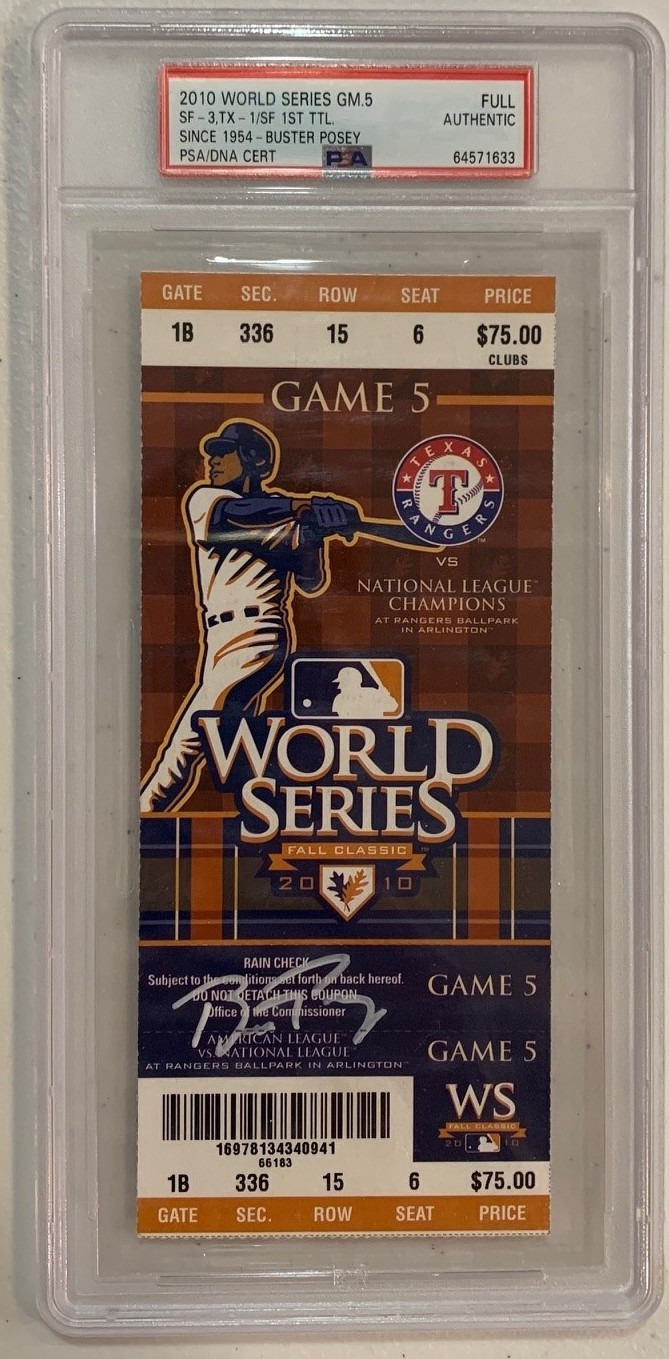 Buster Posey Autographed San Francisco Giants 2010 World Series Game 5 Signed Baseball Full Ticket PSA