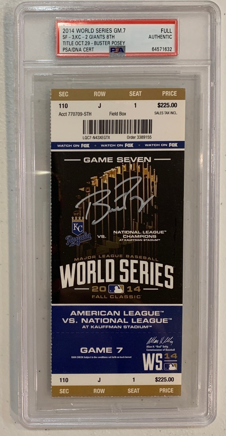 Buster Posey Autographed San Francisco Giants 2014 World Series Game 7 Signed Baseball Full Ticket PSA