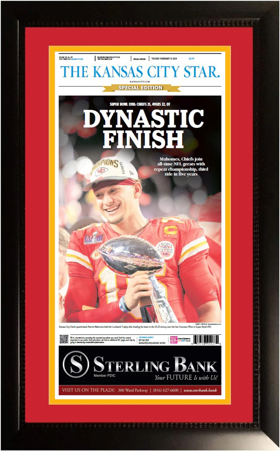 Kansas City Chiefs Super Bowl 58 LVIII Champions Original Front Page KC Star Framed Newspaper With Patrick Mahomes 2/13/24