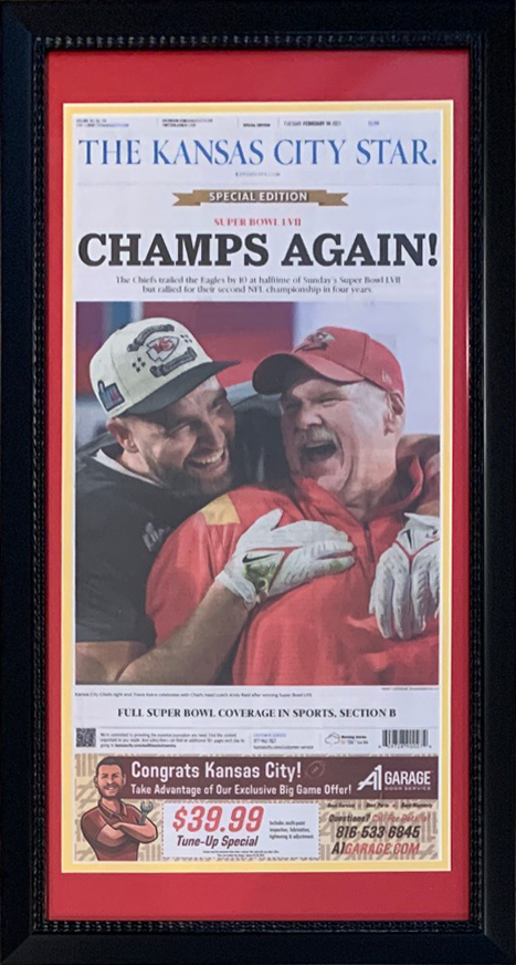 Kansas City Chiefs Super Bowl 57 LVII Champions Original Front Page KC Star 14x26 Framed Newspaper With Travis Kelce Andy Reid 2/14/23 CHAMPS