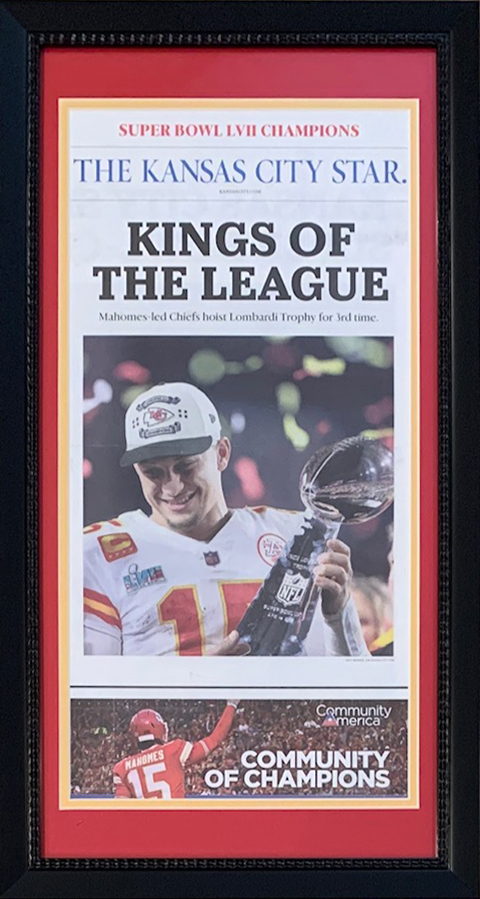 Kansas City Chiefs Super Bowl 57 LVII Champions Original Front Page KC Star 14x26 Framed Newspaper With Patrick Mahomes 2/14/23 KINGS OF THE LEAGUE