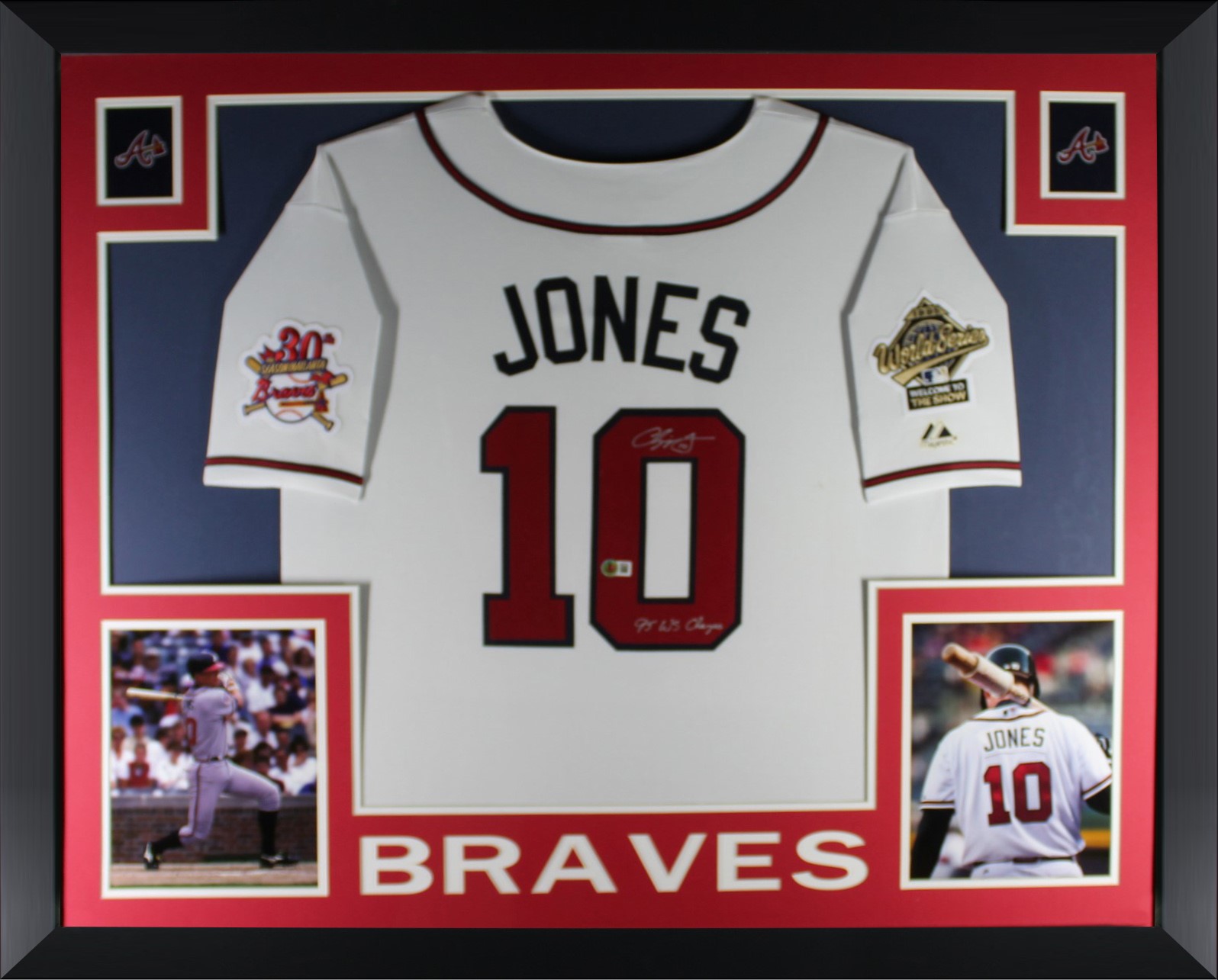 Chipper Jones Autographed Atlanta Braves 1995 World Series Signed Majestic Baseball Framed Jersey Beckett COA