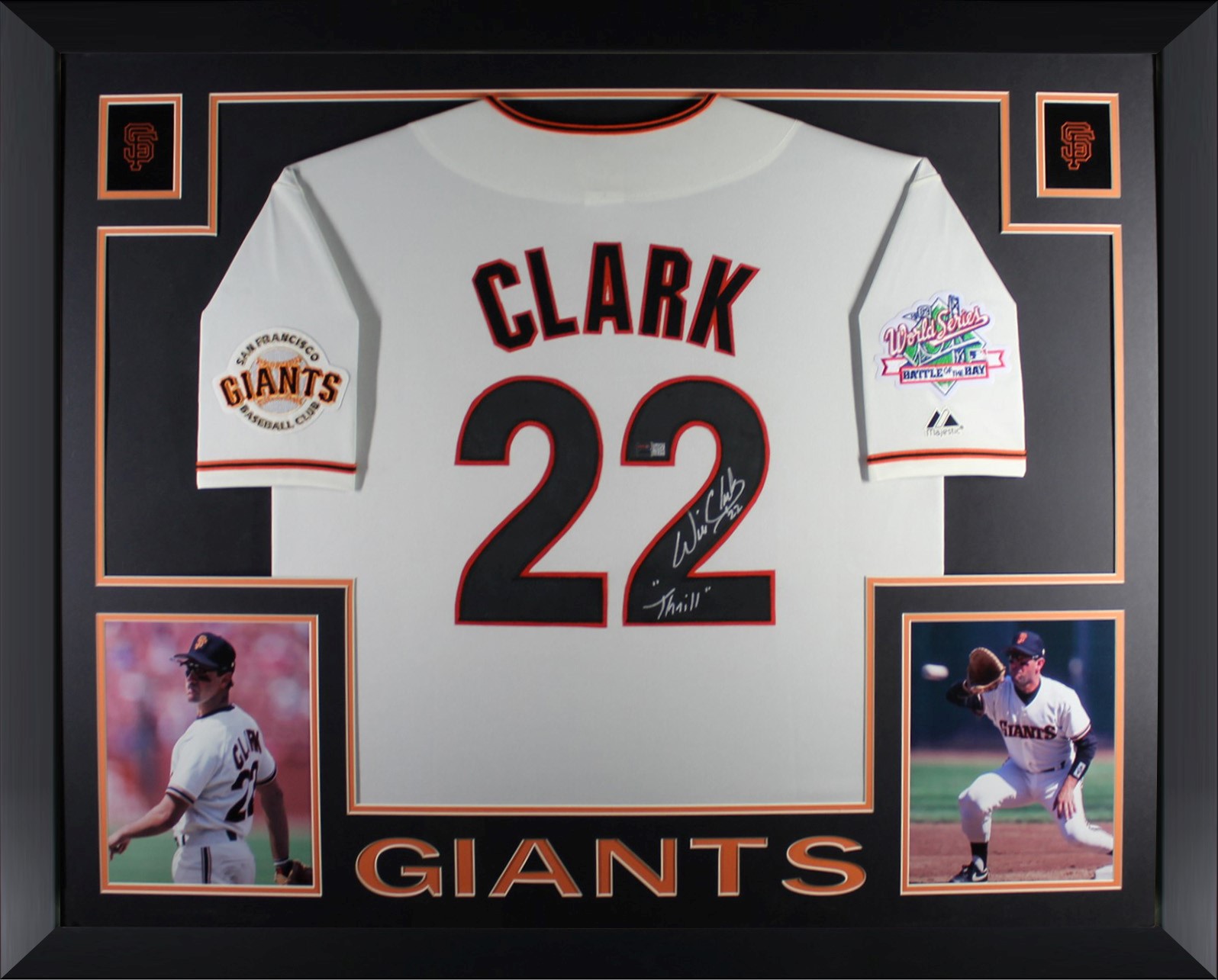 Will Clark Autographed San Francisco Giants 1989 World Series Signed Majestic White Baseball Framed Jersey THRILL Inscription TRISTAR Authenticated
