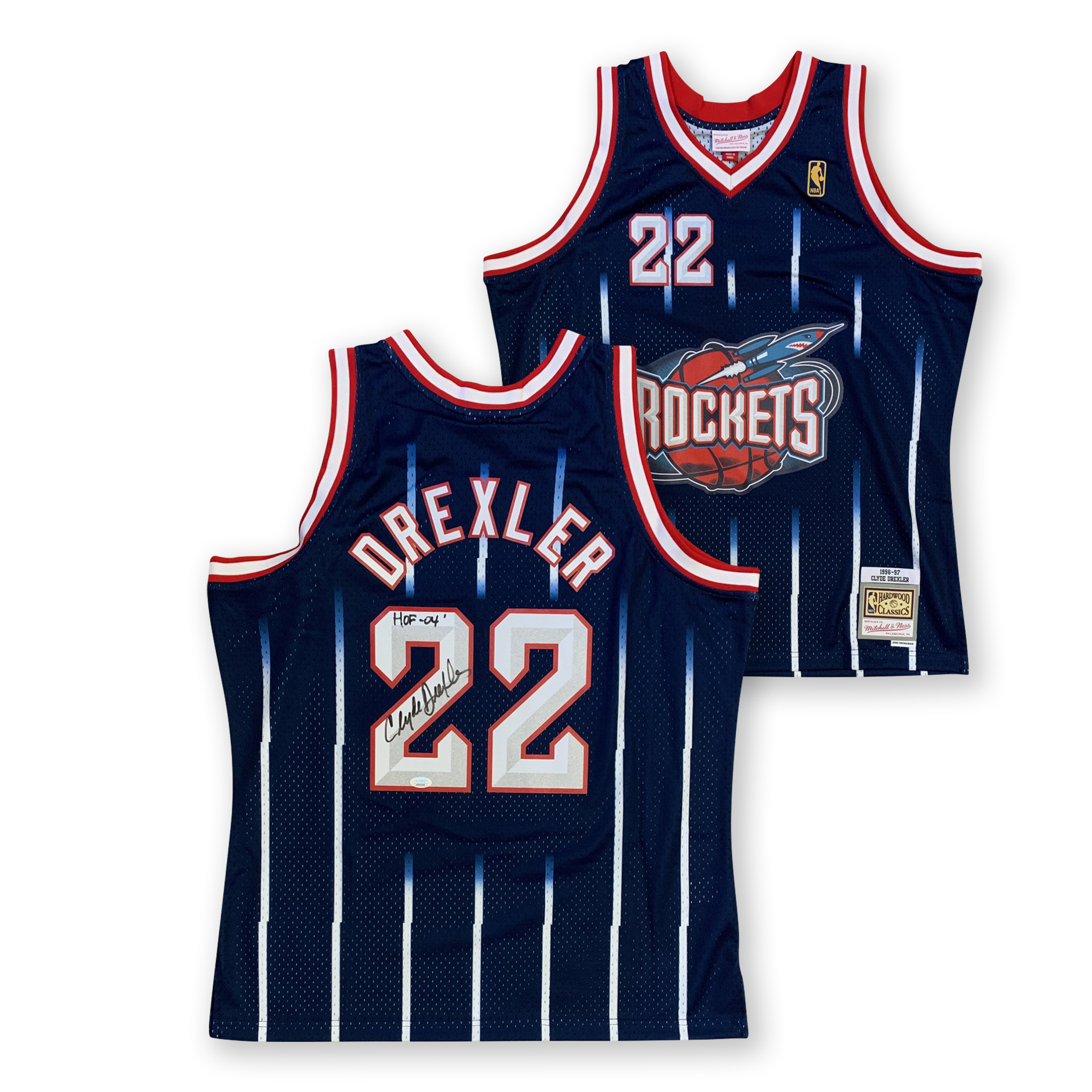 Clyde Drexler Autographed Houston Rockets Mitchell & Ness Swingman Signed Basketball Jersey HOF 2004 JSA COA