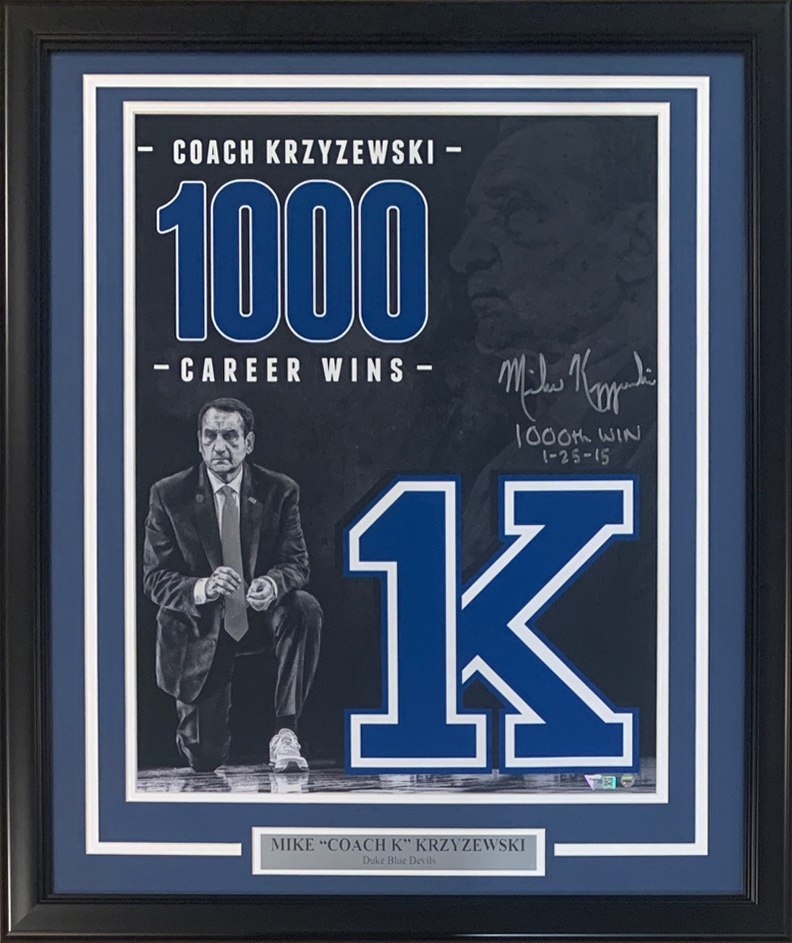 Mike Krzyzewski Coach K Autographed Duke Blue Devils 1000 Win Signed Basketball Framed 16x20 Photo Steiner Sports Fanatics Authentic COA Mike Krzyzewski Coach K Autographed Duke Blue Devils 1000 Win Signed Basketball Framed 16x20 Photo Steiner Sports Fanatics Authentic COA
