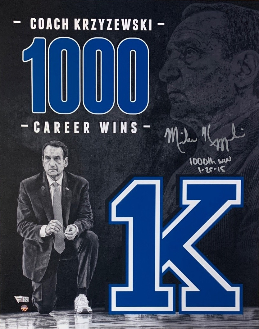 Mike Krzyzewski Coach K Autographed Duke 1000 Win Signed Basketball 16x20 Photo Fanatics Authentic COA Mike Krzyzewski Coach K Autographed Duke 1000 Win Signed Basketball 16x20 Photo Fanatics Authentic COA