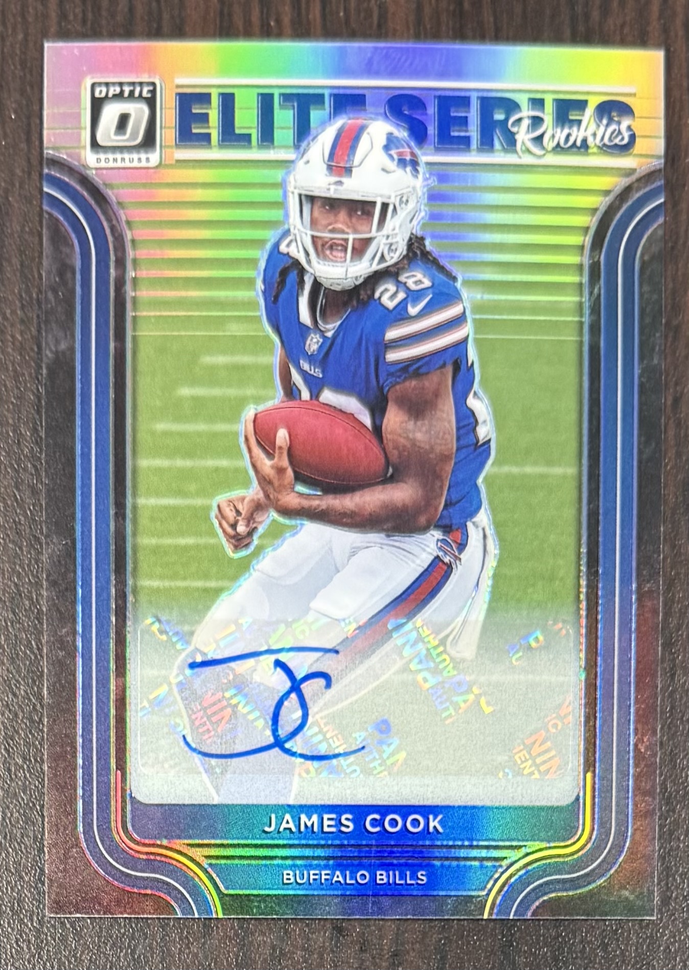 James Cook 2022 Donruss Optic Elite Series Rookies Buffalo Bills Signed Football RC Rookie Card #ESR-14 Auto 56/99
