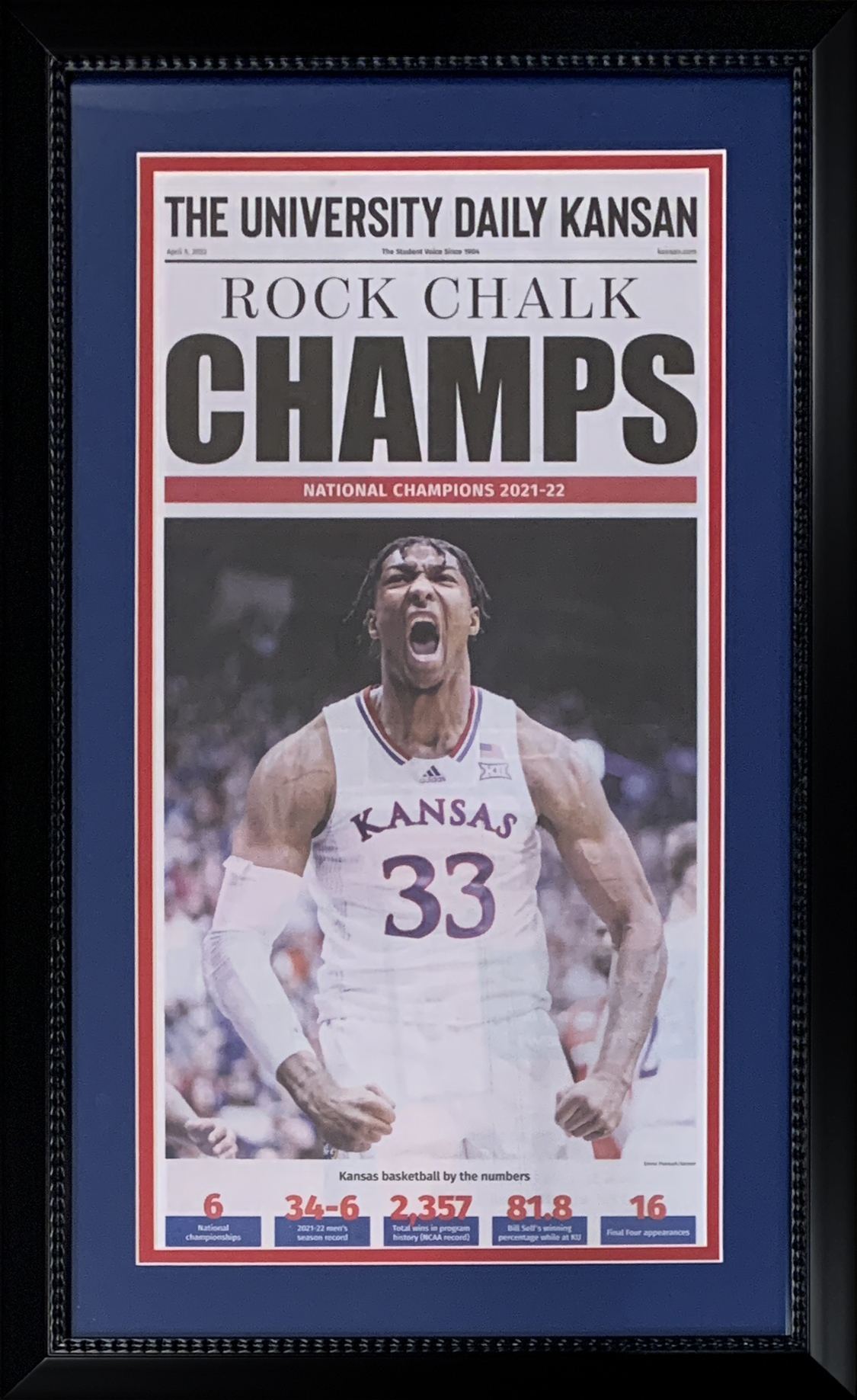 Kansas Jayhawks 2022 NCAA Basketball Champions University Daily Kansan Original Front Page Framed Newspaper 14x26 GET THE AUTHENTIC VERSION!