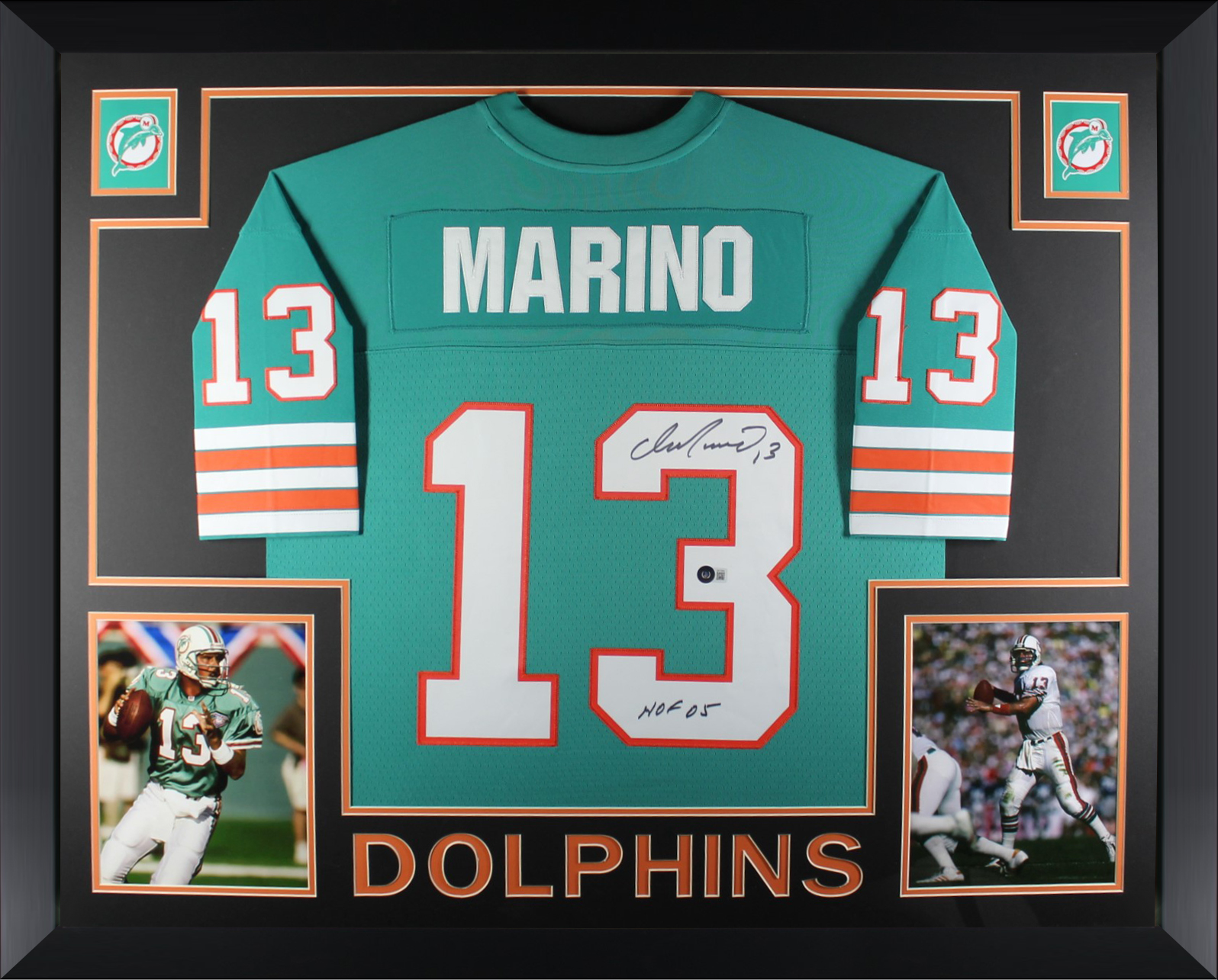 Dan Marino Autographed Miami Dolphins Mitchell & Ness Teal Signed Football Framed Jersey Beckett COA HOF 05
