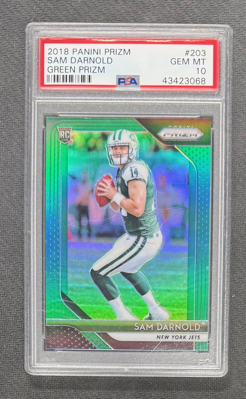 Sam Darnold 2018 Panini Prizm Football Green Prizm Rookie Card #203 Graded PSA 10 Cert #43423068